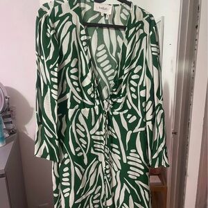ba&sh Leaf Patterned Long Sleeve Dress in Green and White